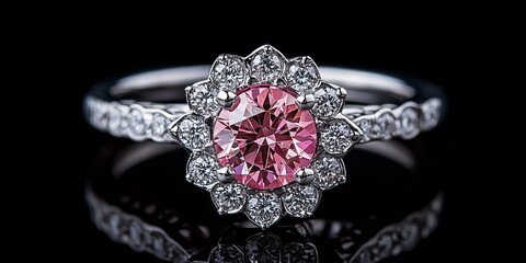 Diamond ring with pink gemstone center.