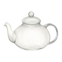 Empty glass teapot watercolor illustration isolated. Transparent teapot for design.
