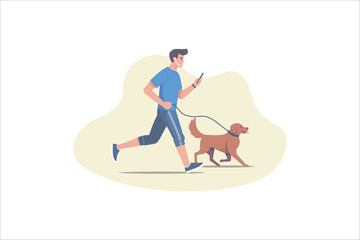 Young man jogging in spring park with dog. Outdoor activity, dog walking. Vector illustration.