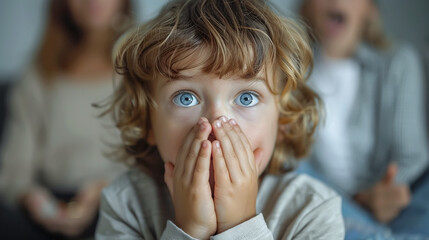 child closing his mouth with hands.  Speech therapist, speech problems, stammering, mumbling. Violence at home. 	