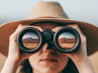 Fototapeta na wymiar A person using binoculars to explore a scenic landscape, showcasing adventure and exploration in nature.