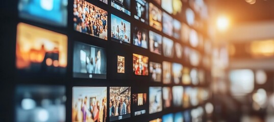 Wall of Digital Displays with Video Streaming Media Entertainment Channels, Technology, and Blur