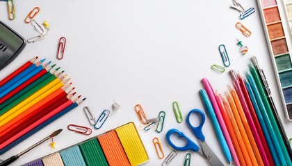White background with various stationary items arranged as a border along the bottom, creating a clean and minimalistic workspace theme.