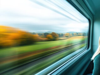 A serene view from a speeding train window, capturing the vibrant landscape sliding by amidst soft clouds.