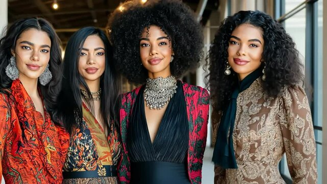 Diverse group of four stylish women with long dark hair in elegant outfits. Multicultural fashion models showcase vibrant ethnic and modern clothing indoors. Beauty in diversity portrait