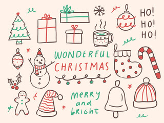 cute vector christmas hand drawn doodles. crayon style christmas doodle.