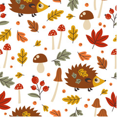 Autumn pattern with hedgehogs, mushrooms, leaves and other forest elements.