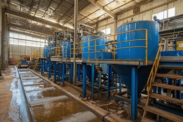 Industrial Interior with Blue Tanks and Water-Filled Trenches