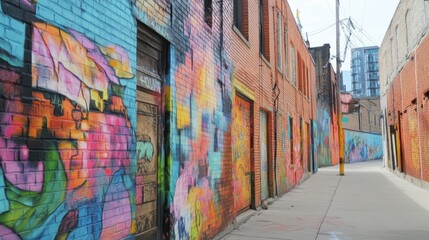 Fototapeta premium Colorful graffiti art adorns the brick walls of an urban alleyway.