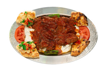 Kebab served on metal plate, top view, isolated white background.
