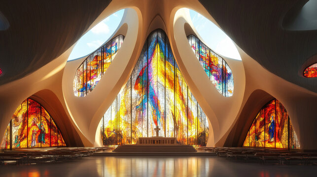 Cutting-edge cathedral design with a futuristic altar and stained glass windows that depict abstract religious scenes in bold colors - Powered by Adobe