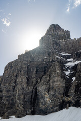 Iceberg lake at the Glacier national park, Montana, USA. Hiking trail is the most beautiful scenery of the u shape valley and covered with snow.