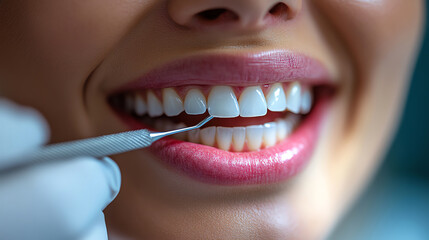 Naklejka premium Close-up of a smiling woman during a dental examination, highlighting healthy teeth and oral care tools in a modern clinic.