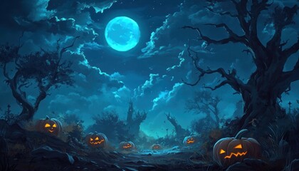 Obraz premium Halloween Jack-o-Lanterns in a Spooky Forest Under a Full Moon