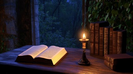 In a wizard's room, there are books on the table and an open book on it. The library is in the room as well. Stock is on the shelves.