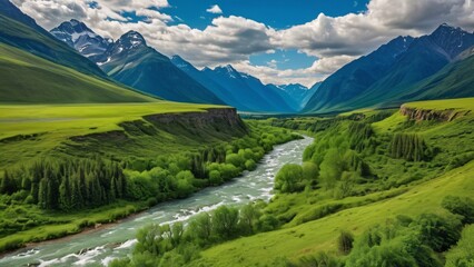 Fototapeta premium Lush Green Valley with River and Towering Mountains