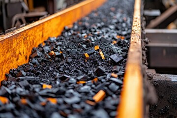 Naklejka premium Close-up of Black and Yellow Material Moving on a Conveyor Belt
