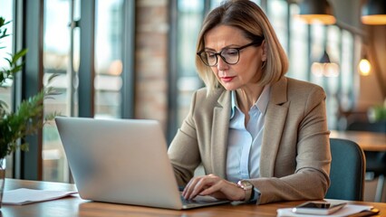 Serious busy mature middle aged professional business woman, older lady manager executive leader wearing glasses looking at laptop using computer in office working on digital project sitting at desk