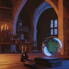 Illustration of a fantasy vintage library. Stock image