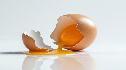 A cracked egg with the yolk spilling out on a white background.