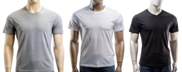 Set of t-shirts on the moniker of gray, white, and black color on transparent background clothing and fashion concept.