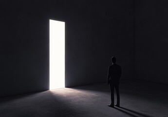 Obraz premium Concept of a successful businessman looking out of a bright daylight opening in a concrete interior.