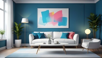 Photo modern style interior room 3d illustration Interior,Kitchen,Washrooms frame living room with colorful white sofa,led with blank frame