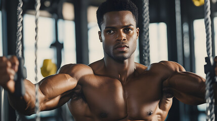 Fototapeta premium A fitness enthusiast performing cable crossovers focusing on chest muscle activation.