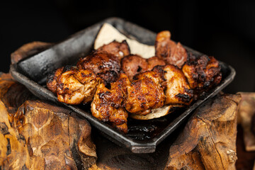 delicious grilled meat, Mixed grilled bbq meat on platter. Restaurant menu, dieting, cookbook recipe top view.