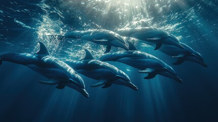Obraz premium A pod of dolphins swimming gracefully in the deep blue ocean with rays of sunlight illuminating their path.