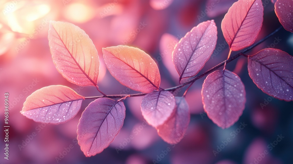 Poster delicate pink leaves with morning dew and soft sunlight