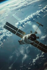 Obraz premium Advanced Satellite Orbiting Earth with Detailed View of Space and Planet's Surface