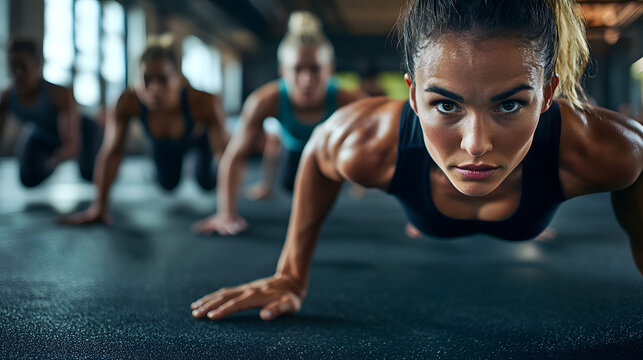 A group of athletes performing burpees in a highintensity circuit showcasing endurance and fullbody engagement.
