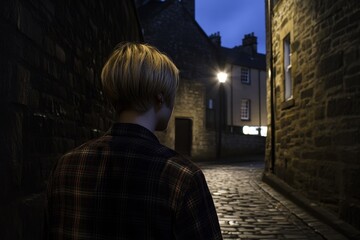 A mysterious blonde woman in an elegant retro coat, carrying a vintage oil lantern, walking along an old French street in Paris, noire atmosphere, investigating crime, detective concept.