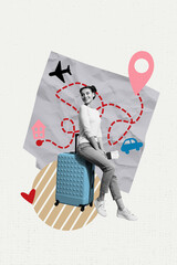 Vertical photo collage of happy girl sit suitcase map flight destination aircraft car summer...