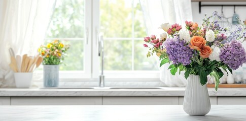 Fototapeta premium An elegant marble kitchen counter adorned with flowers and a vase