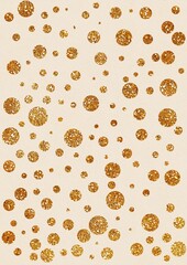 Golden polka dots of different sizes on watercolor textured paper