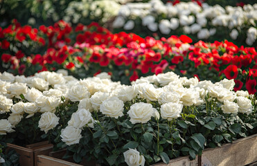 A photograph of white roses in rows on wooden crates, with red and green flowers arranged behind them. Created with Ai