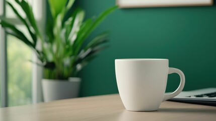 A white coffee cup placed on a wooden desk with a green plant in the background, creating a minimalist and cozy workspace atmosphere..