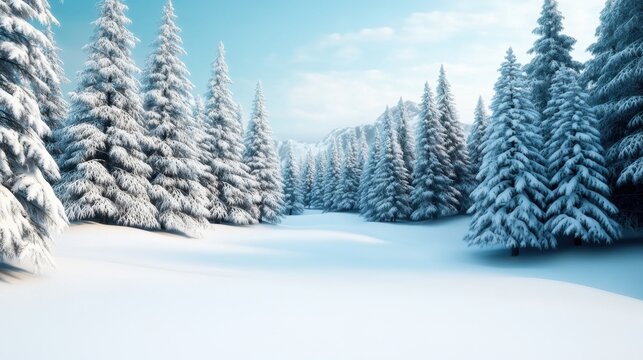 A snow covered forest with trees and a blue sky, AI