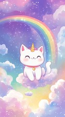 Fototapeta premium A cat sitting on a cloud with a rainbow in the background