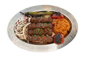 Top view traditional turkish meat and food service ,isolated on white background