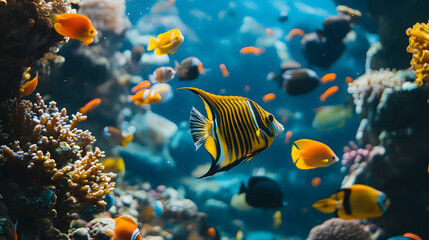 Fototapeta premium A lively scene of colorful fish swimming in a coral reef.