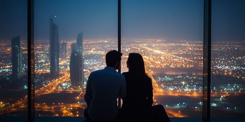 Fototapeta premium Silhouettes of a couple viewing a nighttime city.
