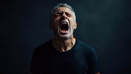 Fototapeta premium Close-up portrait of a man yelling with a black background.