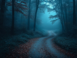 Obraz premium Spooky autumn forest path with fog and eerie lighting