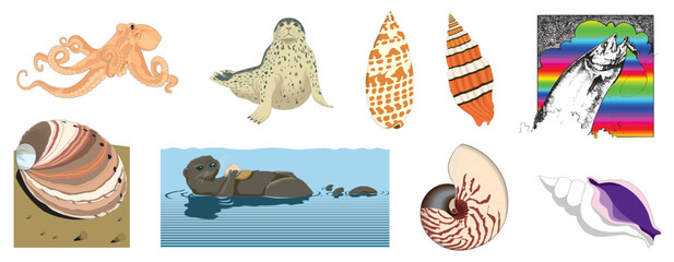 Water Sea Creaters fishes fish seahorse Tortoise Sea Lion star Animals Silhouette - compendium vector illustrations editable best art design for logo icon multipurpose use in high definition format