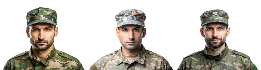 Fototapeta premium Set of Portrait of a military man on transparent background. Concept of military service.
