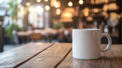 Fototapeta premium Cozy café setting with a steaming cup of coffee on a wooden table during a warm afternoon