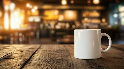 A white coffee mug sits on a rustic wooden table in a cozy café during the warm afternoon light